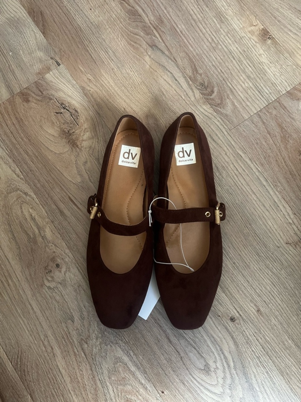 DV by Dolce Vita Dark Brown Suede Mary Jane Flats with Gold Buckle